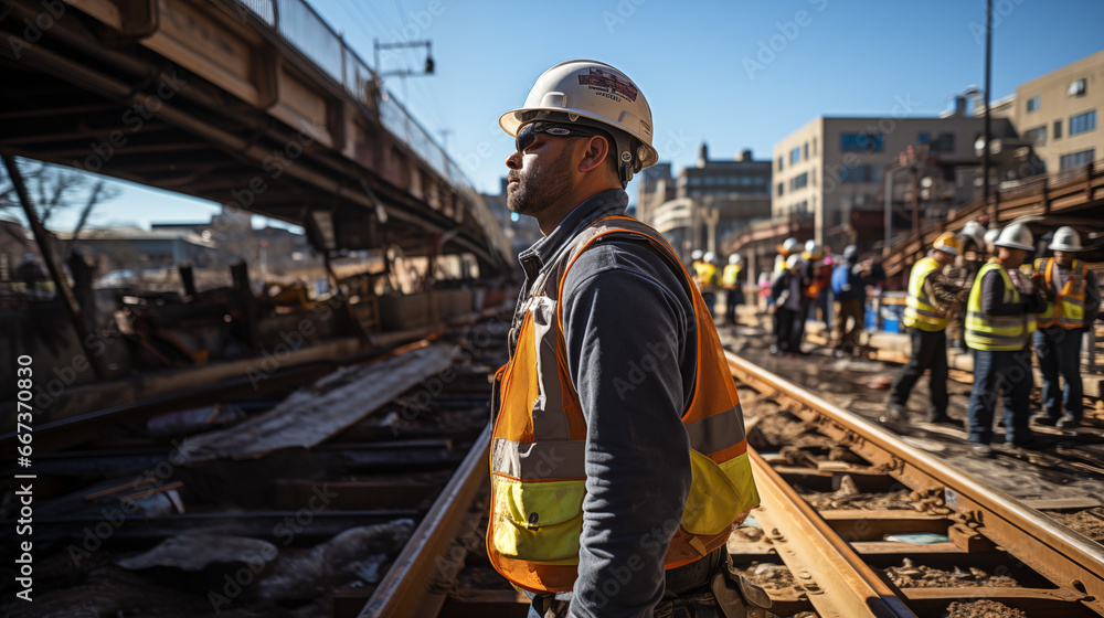 a civil engineer wearing a hard hat and safety vest carefully inspects the progress of a bridge construction project. 