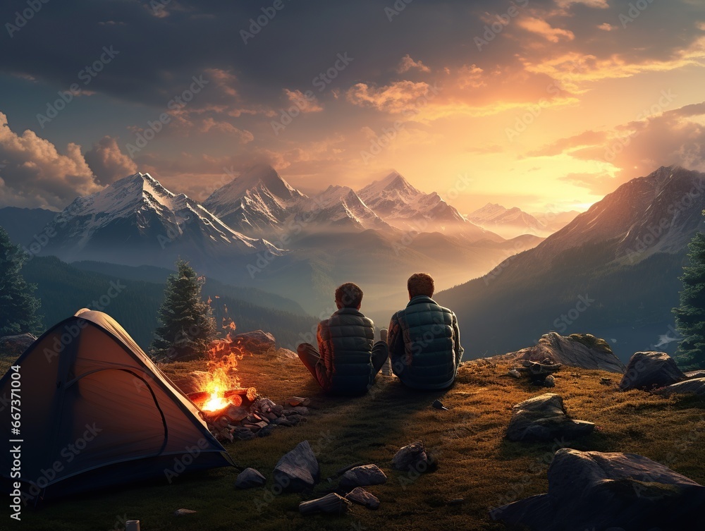 Two people camping outdoors, sitting next to a tent, a campfire burning beside them, rolling mountains and forests in the distance - obrazy, fototapety, plakaty 