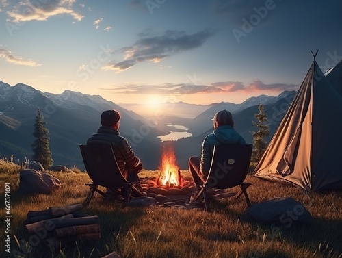 Two people camping outdoors sitting next to a tent, a campfire burning beside them, rolling mountains and forests in the distance