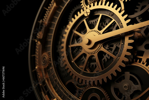Golden black old clock close up at front view on dark background generative ai © Tohamina