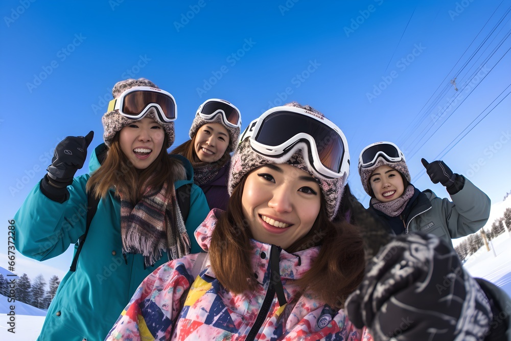 雪山で自撮りをする女性 雪山で自撮りをする女性
