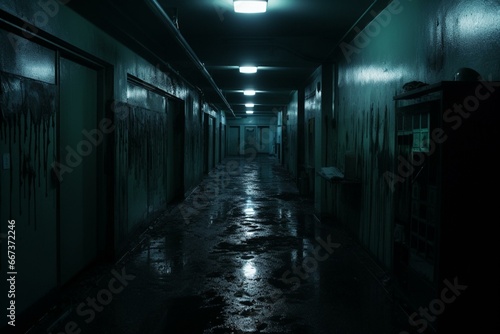 Spooky medical hallway with dim lighting and a sinister ambiance. Generative AI © Corin