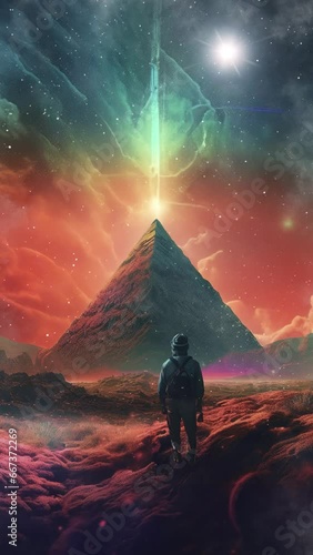 a silhouetted figure stands before a landscape with a pyramid in the distance with animated cosmic elements.