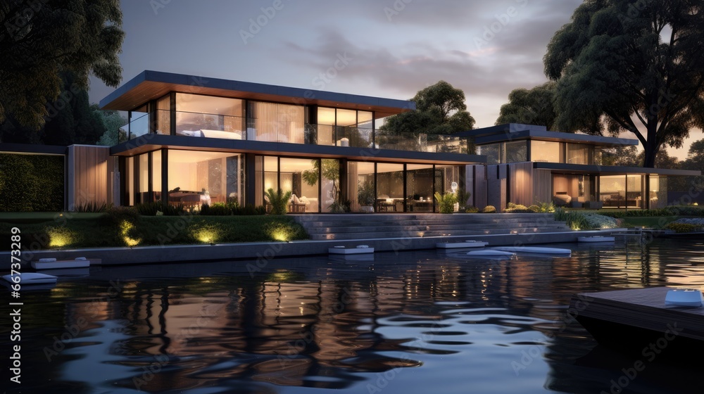 Obraz premium 3d rendering of modern house by the river at evening, house, luxury, villa, modern, architecture, building, exterior, residential, property, designer