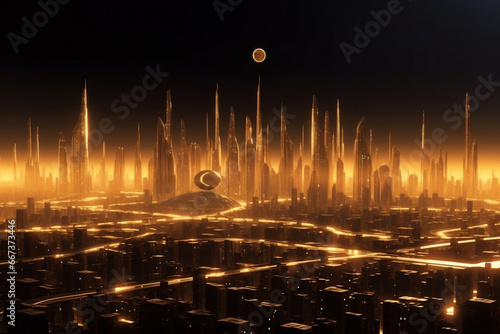 Golden illuminated futuristic metropolis on the planet in distant space generative ai