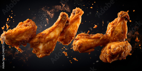 Crispy roasted chicken nuggets Falling of fried chicken isolated on black background. AI Generative