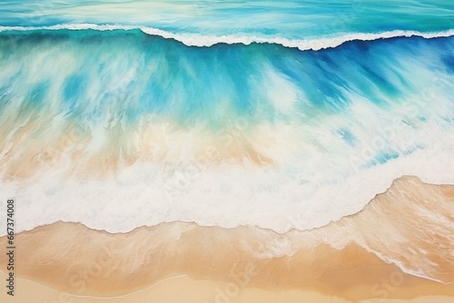Aerial view of beach with watercolor brush painting depicting brown sand and blue green sea wave. Perfect for relax, vacation, holiday or summer concept. Generative AI