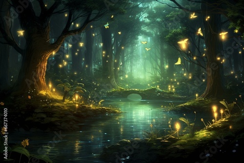 Glowing fireflies dance amidst an enchanting forest at night. A magical fairy tale setting. Generative AI