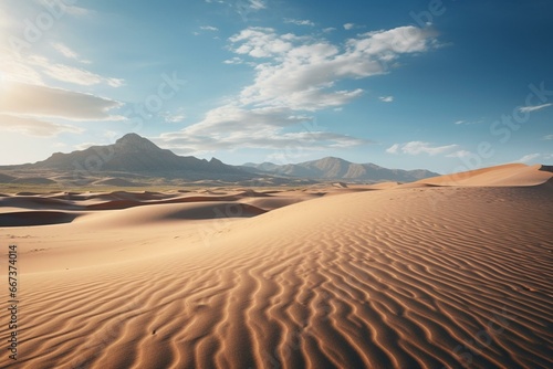 A vast arid landscape with dunes and minimal vegetation. Generative AI