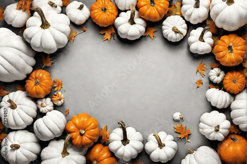 Festive autumn decor of white and orange pumpkins on a grey background. Thanksgiving or Halloween concept. Generative AI illustration