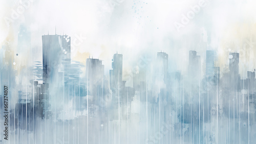 city, abstract watercolor in light gray and blue tones on a white background, autumn mood