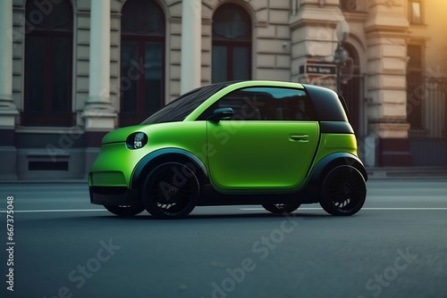 Green electric city car powered by green energy on city street at daylight generative ai © Tohamina