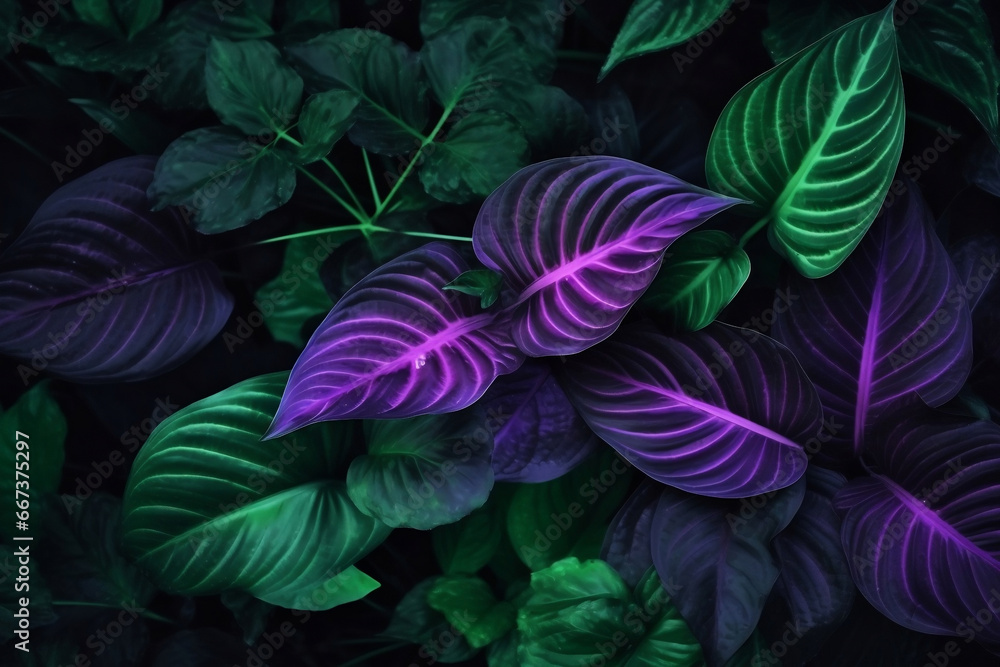 Green tropical leafy plants on dark purple as floral background generative ai