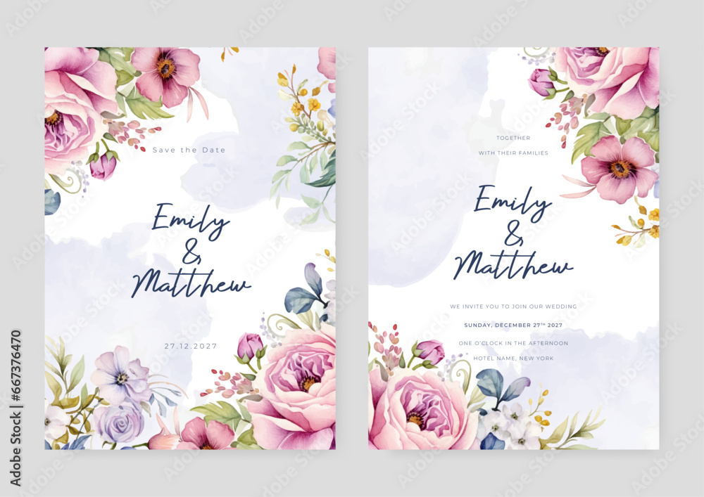 Pink and purple violet peony elegant wedding invitation card template with watercolor floral and leaves