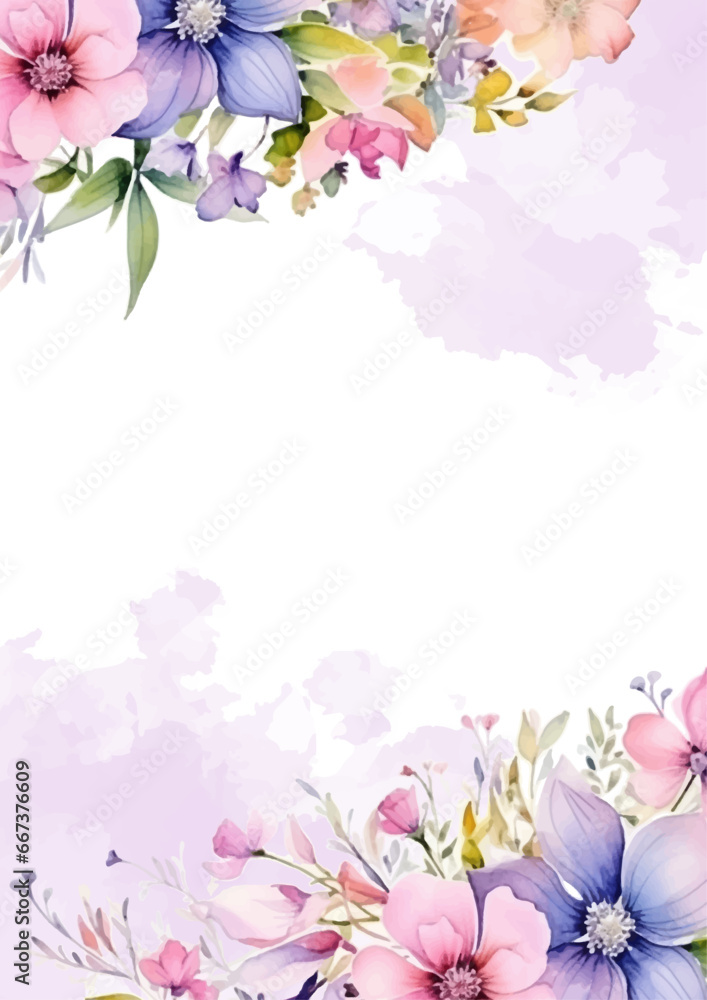 Pink white and purple violet modern background watercolor invitation with floral and flower