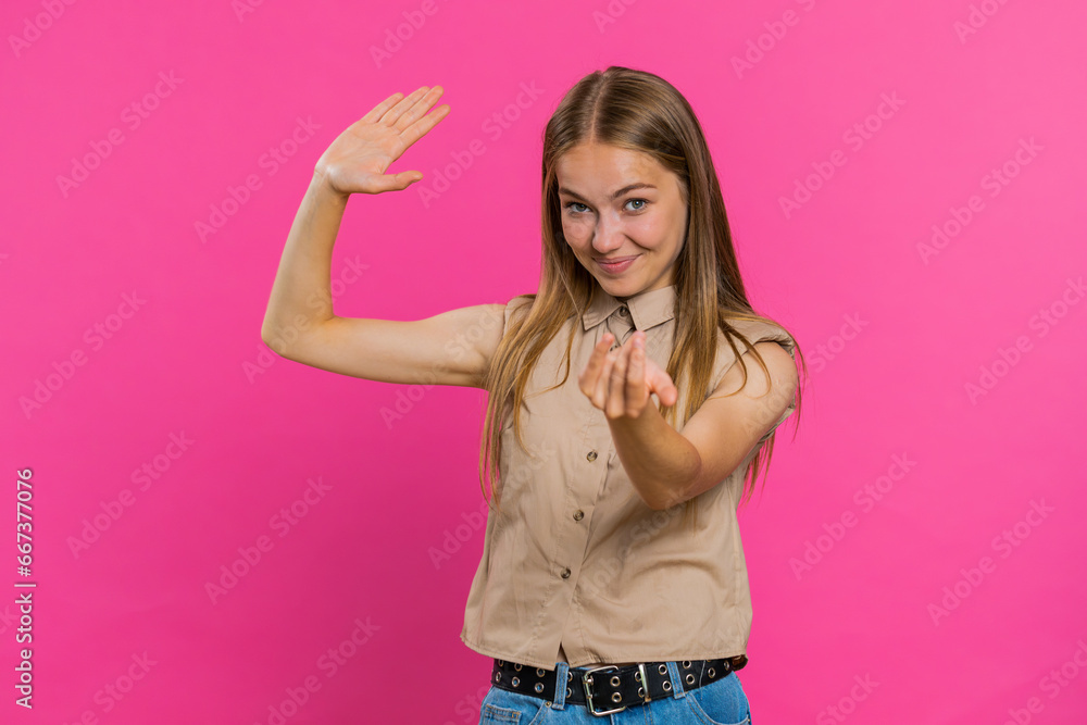 Come here, join us. Welcome. Blonde attractive woman showing inviting gesture with hands, ask to join, beckoning to coming, gesturing hello, goodbye. Pretty girl isolated on pink studio background Come here, join us. Welcome. Blonde attractive woman showing inviting gesture with hands, ask to join, beckoning to coming, gesturing hello, goodbye. Pretty girl isolated on pink studio background