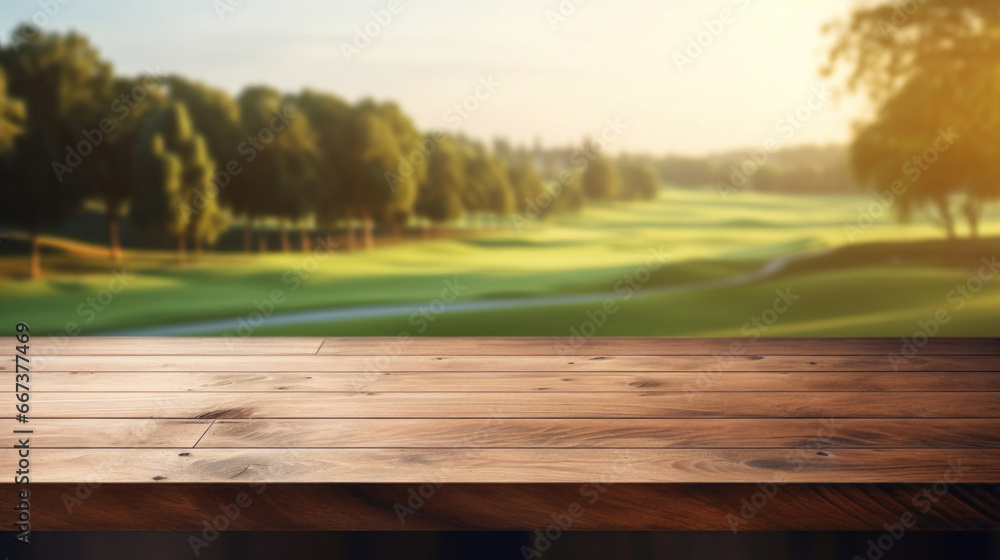Empty wooden table top with blur background of country club Empty wooden table top with blur background of country club