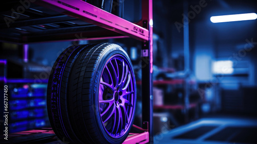 A new tire is placed on the tire storage rack in the car workshop. Purple colors.