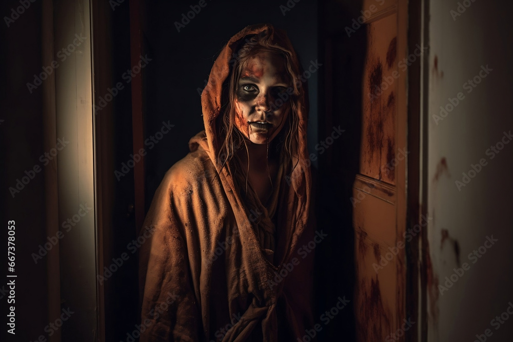 Horror house interior with scary awakened female zombie at doorway generative ai Horror house interior with scary awakened female zombie at doorway generative ai