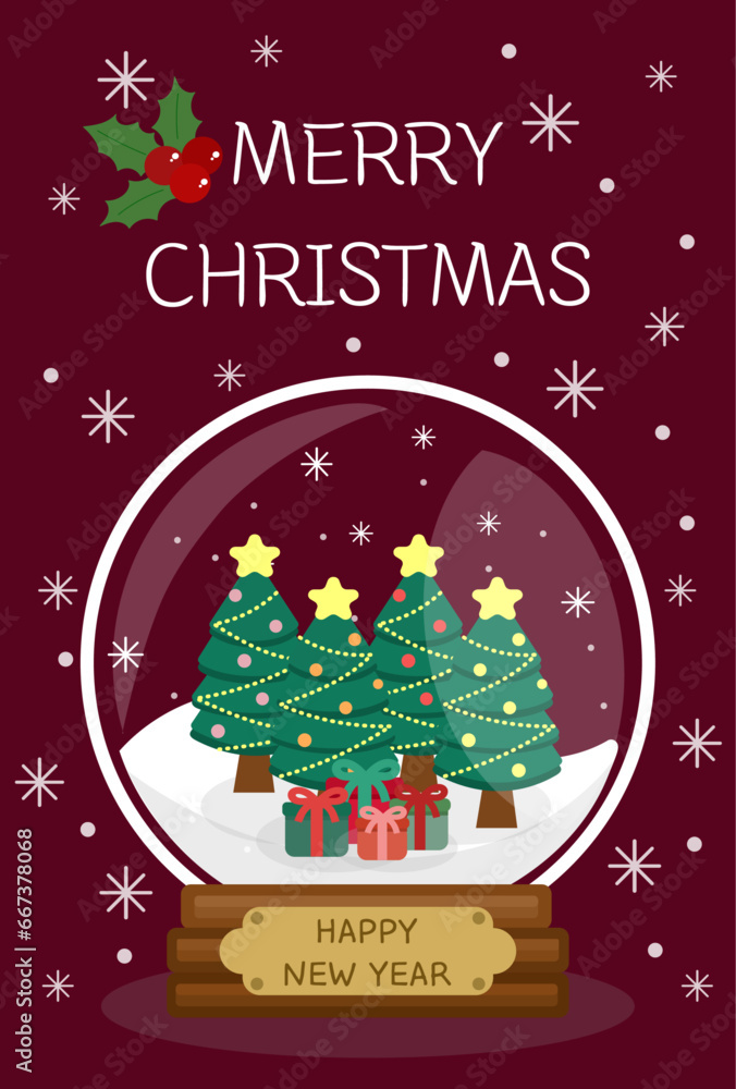 Merry Christmas Happy New Year Snowball Winter Background Vector Illustration Event Card Poster Template  (Santa, Rudolph, Snowman, Tree, Present, Snowflake etc.)
