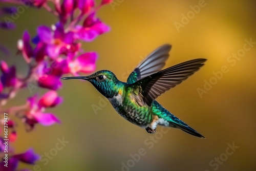 Hummingbird at flight with colorful iridescent plumage and blurred generative ai
