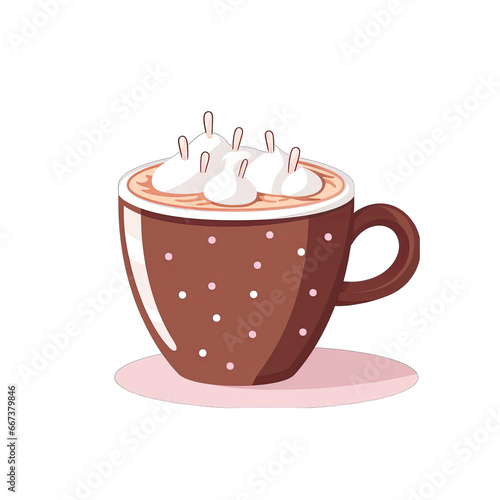 Cup of hot cocoa or chocolate  with marshmallows. Flat icon design  transparent background PNG