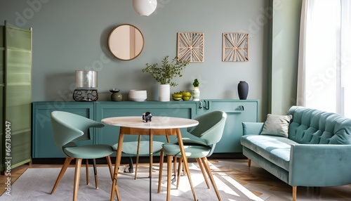 modern living room  chic Scandinavian living room with a round wooden dining table mint color chairs  modern and mid-century design  cozy sofa and a stylish cabinet  a refreshing green wall backdrop