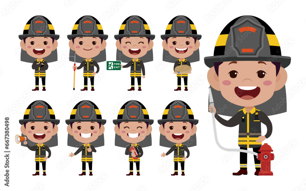 Set of fireman with different poses Set of fireman with different poses
