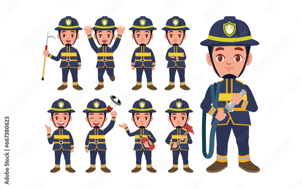 Set of fireman with different poses Set of fireman with different poses