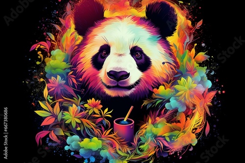 Colorful design featuring a panda enjoying a psychedelic experience with marijuana. Generative AI