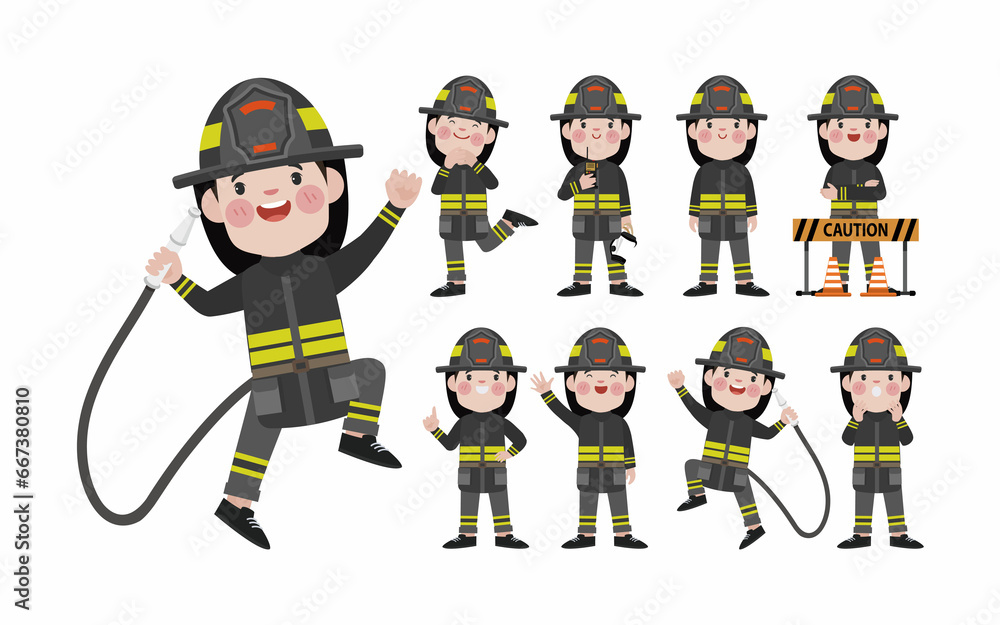 Set of fireman with different poses Set of fireman with different poses