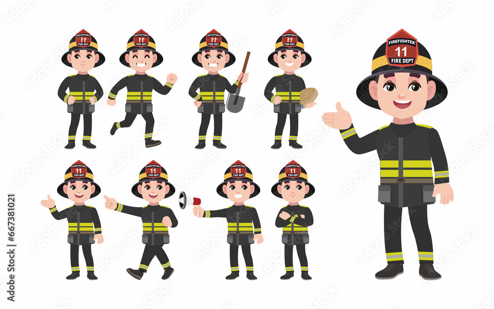 Set of fireman with different poses Set of fireman with different poses