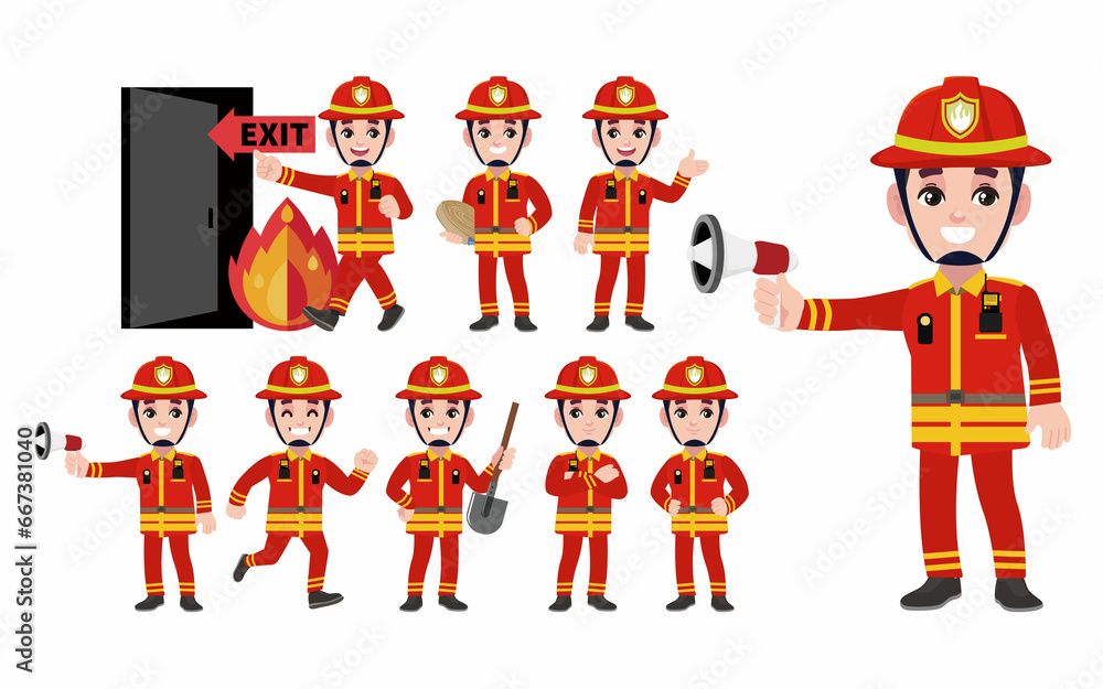 Set of fireman with different poses Set of fireman with different poses