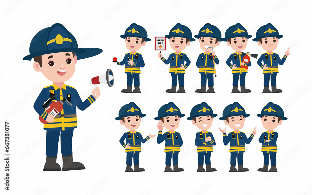 Set of fireman with different poses