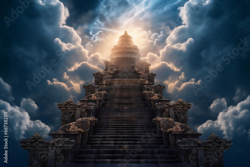 Illuminated baroque stairway leading to heaven at clouds generative ai