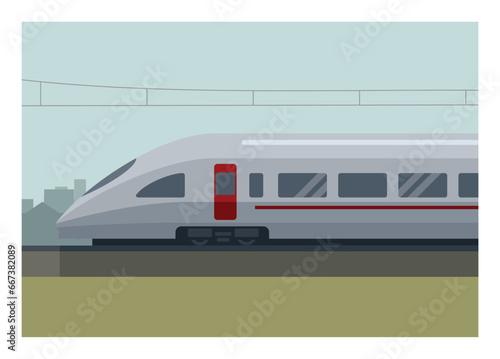 High speed train with city building silhouette background. Simple flat illustration.
