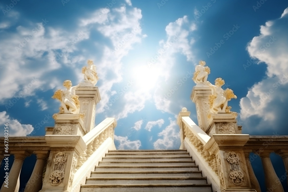 Illuminated baroque stairway leading to heaven with sky on background generative ai