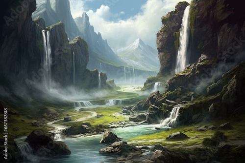 tranquil landscape featuring a flowing waterfall over rocky terrain. Generative AI