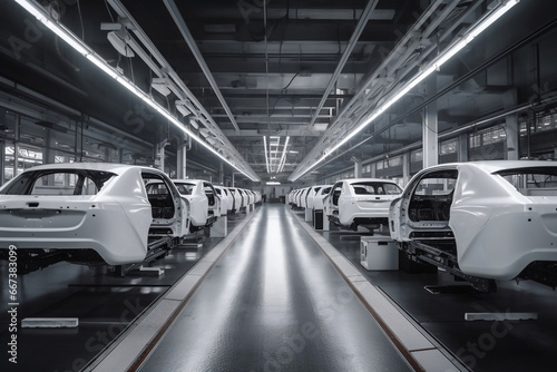 Interior of factory with assembly line for modern cars generative ai