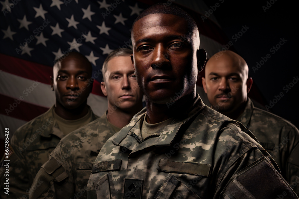 Portrait of soldiers standing in front of american flag on black background Portrait of soldiers standing in front of american flag on black background