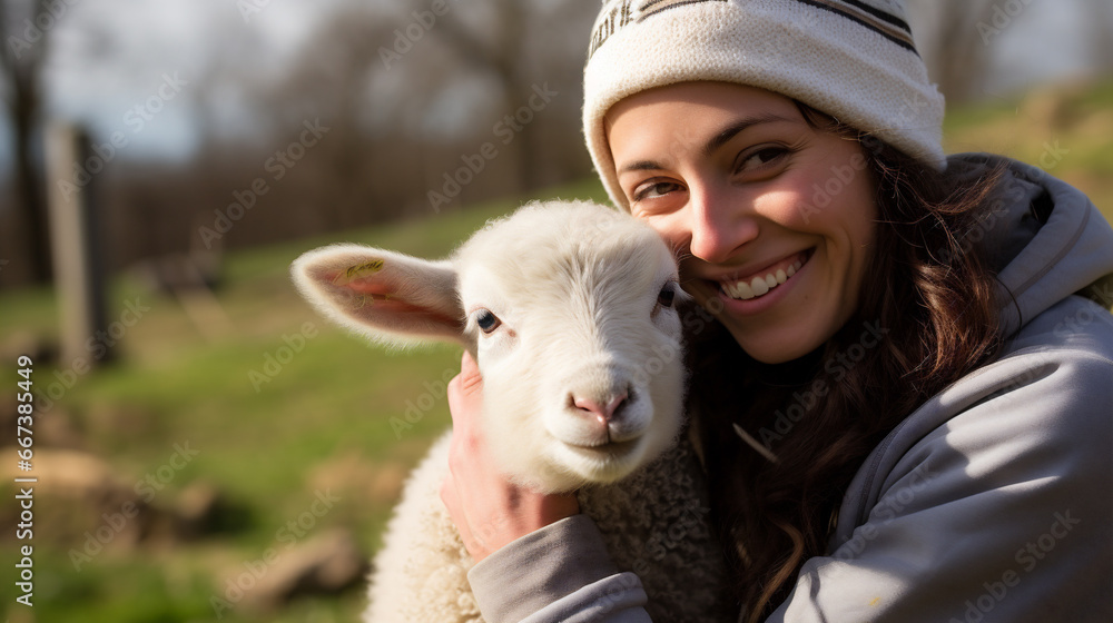 Portrait of a happy young woman with a lamb in the countryside Portrait of a happy young woman with a lamb in the countryside