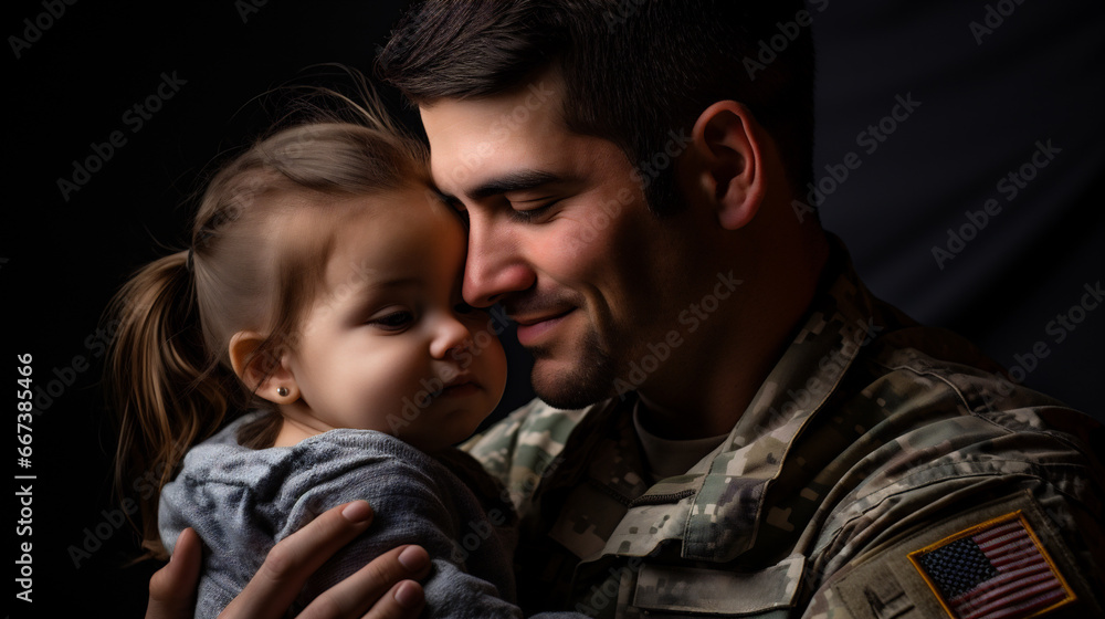 Portrait of young soldier with his little daughter Portrait of young soldier with his little daughter