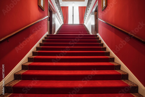 Interior scene of hotel stairs covered with red carpet generative ai