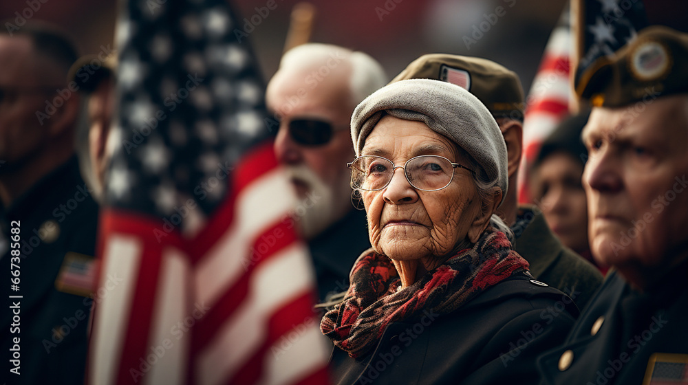 Portrait of an elderly woman on the background of the american flag