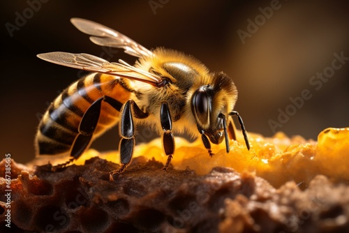 Close-up of a bee collecting nectar, showcasing the harmony in nature through beauty and essential pollination. Generative AI © Iezzi