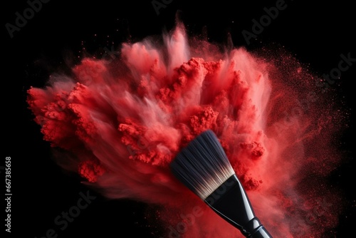 Red powder brush with powder explosion on black background with placeholder. Generative AI