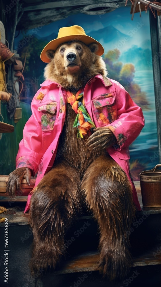 A stuffed bear wearing a pink jacket and hat. Generative AI.
