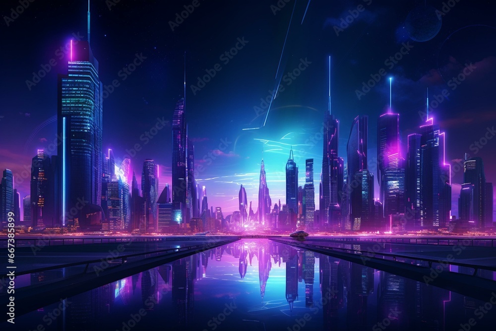 Futuristic urban setting illuminated by vibrant purple and cyan neon lights. Night scene showcasing high-tech skyscrapers. Generative AI
