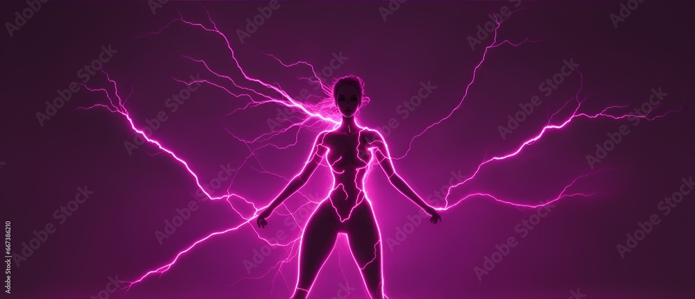 Human female like aura silhouette figure emanating pink electrical lightning aura and sparks on a plain black background from Generative AI