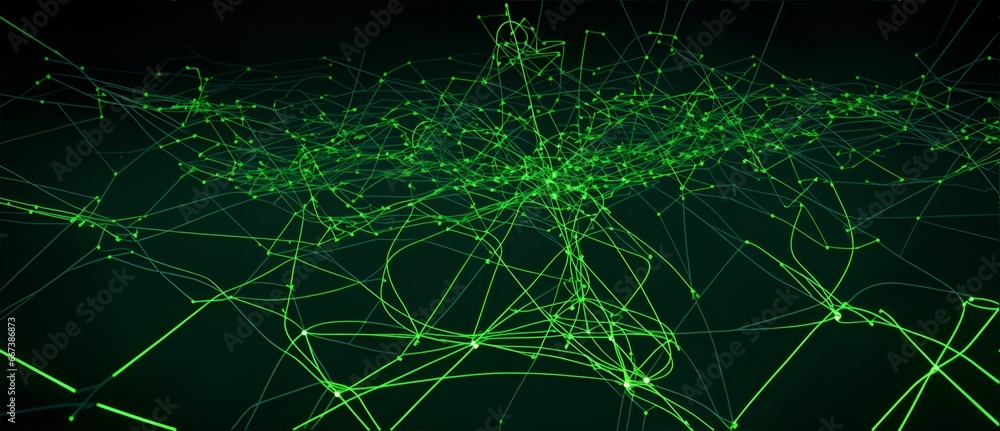 Green glowing lines and nodes representing neural networks connections in plain black background from Generative AI